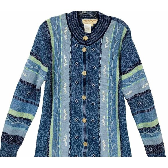 Norm Thompson Embroidered Cardigan Sweater Small Blue Button Up Winter Layering - Picture 4 of 16